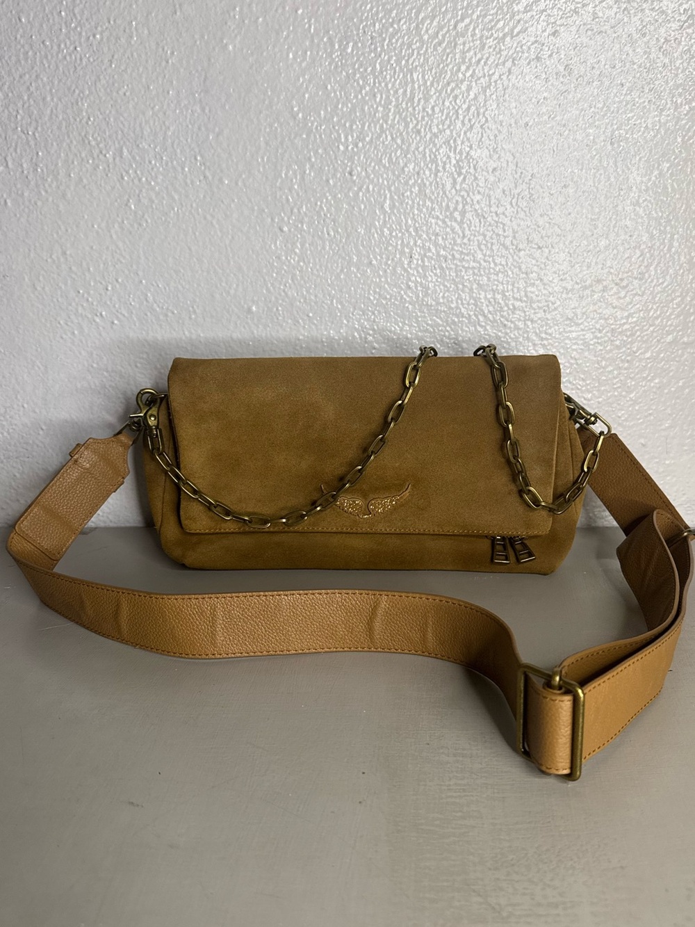 Zadig & Voltaire Rocky Suede Bag Tan Crossbody Clutch Gold Chain Calf Leather